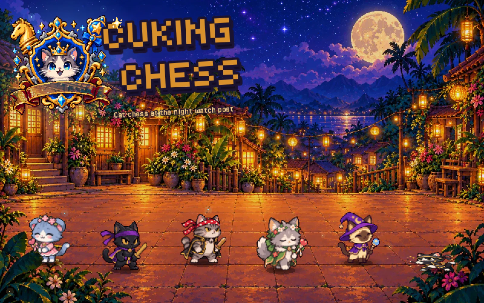 Cuking Chess crest and gold logo over a lantern-lit kampung stage at night where costumed chibi cats stand in a row