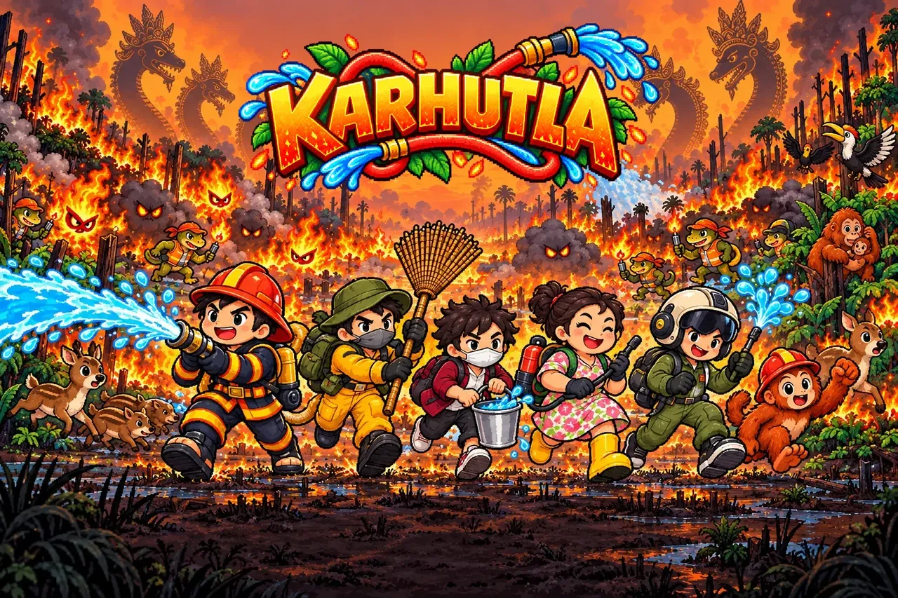 Karhutla key art: a firefighter with a hose, a forest ranger with a rattan beater, a student with a bucket and a mother from the village fire brigade charge through a burning peat forest while a helicopter drops water and an orangutan watches