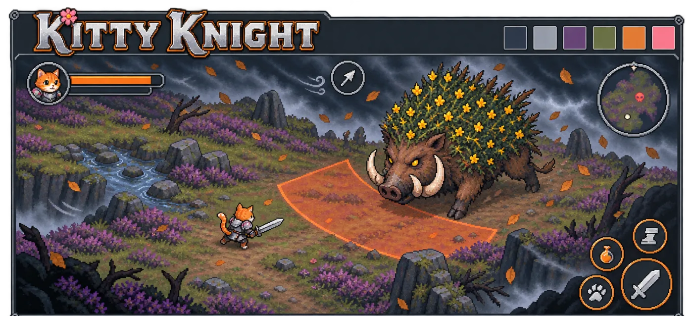 Kitty Knight: a kitten in silver armour with a huge sword faces a giant boar covered in gorse on a stormy purple moor