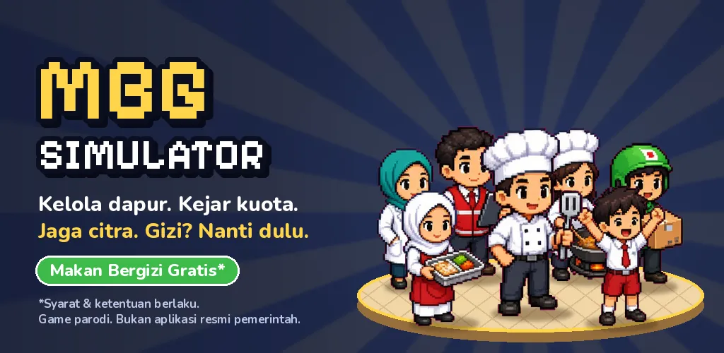 MBG Simulator key art: a pixel-art kitchen crew of cooks, students and a delivery rider