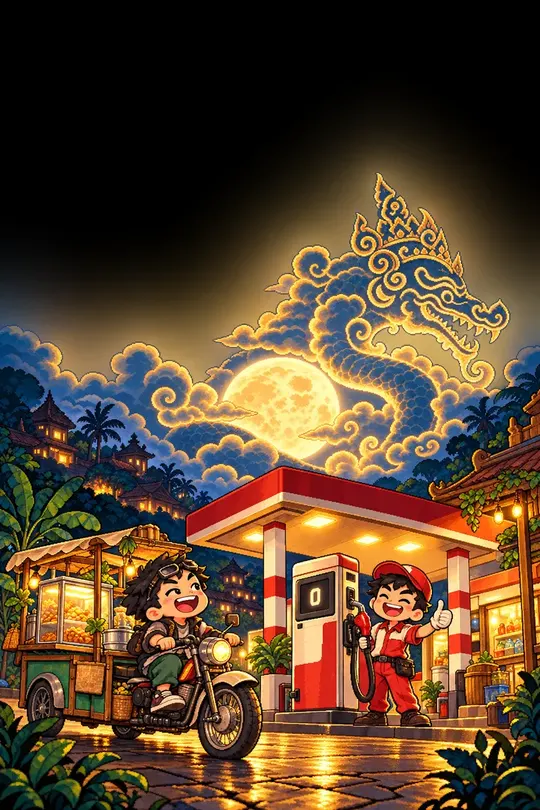 Naga Kesepuluh key art: a glowing wayang-style dragon over a night street, a food cart and two grinning founders