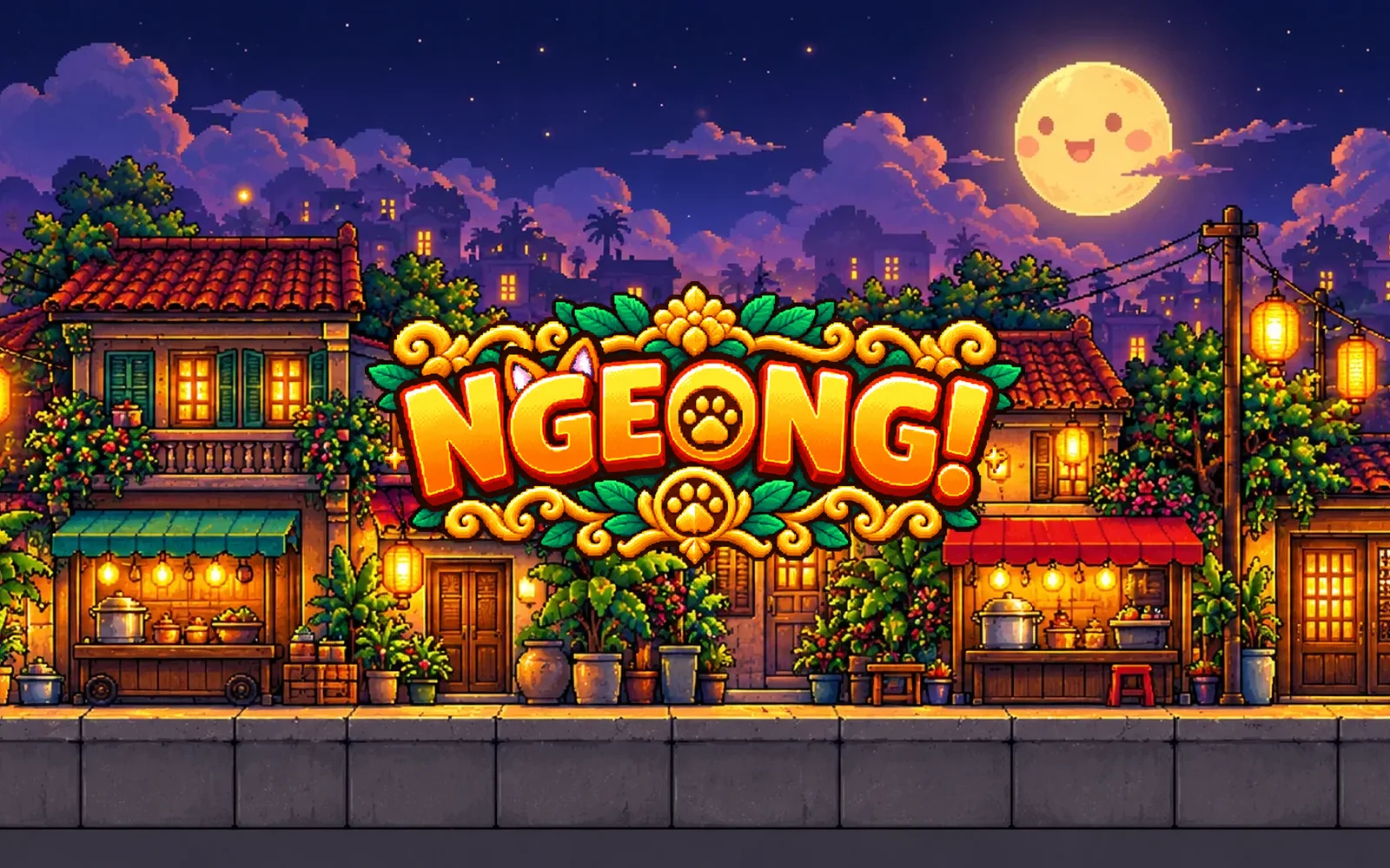 Ngeong! logo over a pixel-art night street with lanterns and old shophouses
