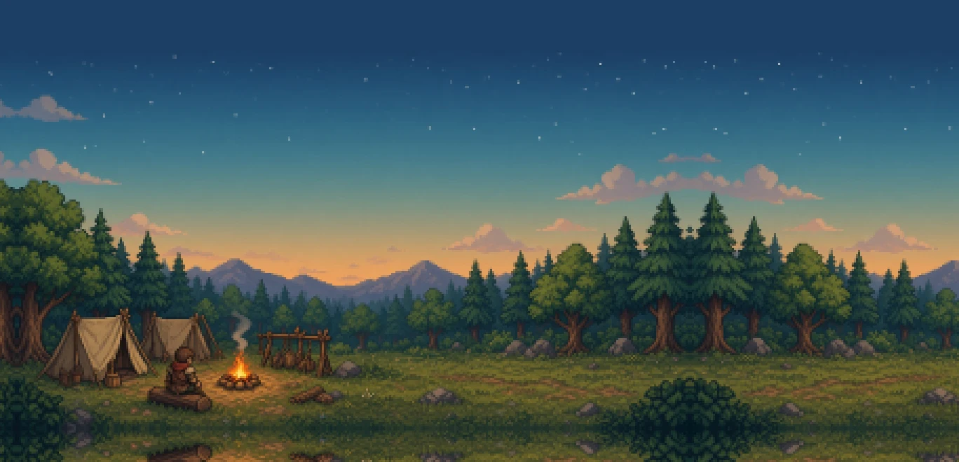 Wilderhunt key art: a hunter by a campfire at the edge of a pixel-art forest at dusk